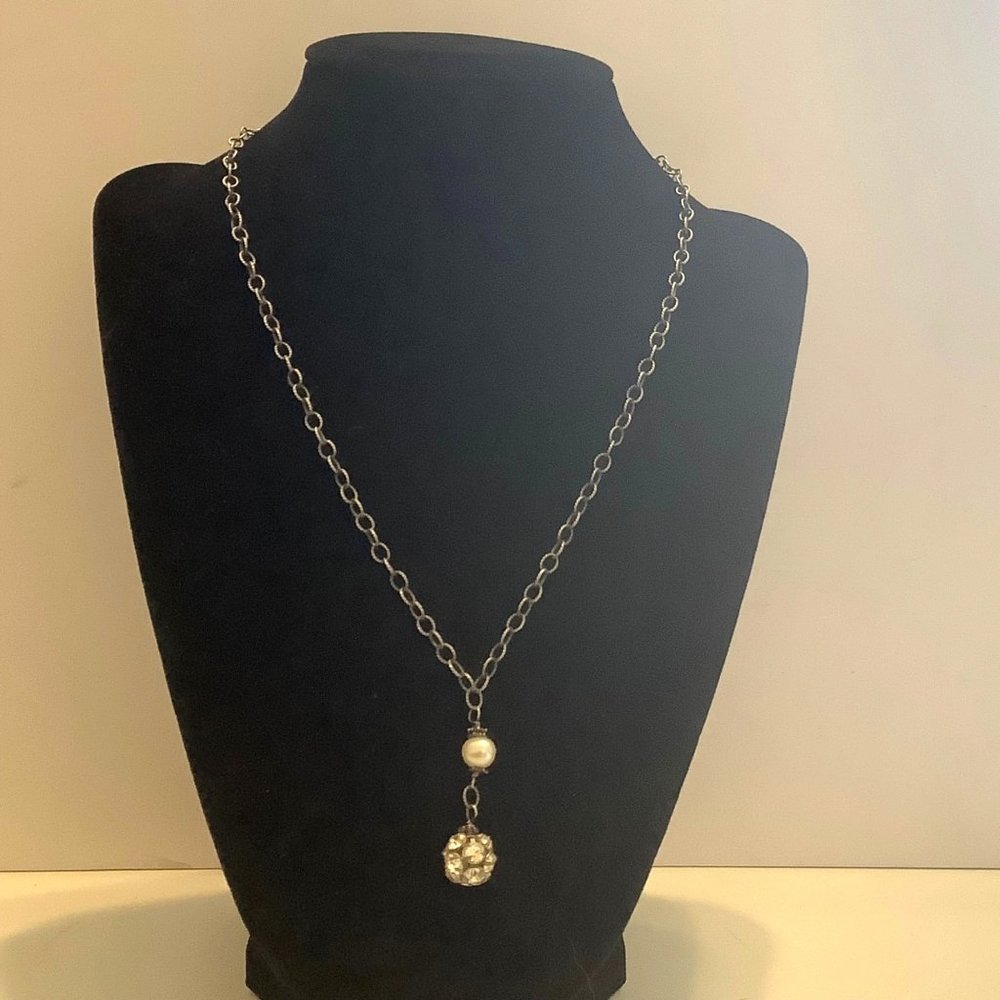 Cable Chain Dangling Gemstone Ball‎ Faux Pearl Long Lariat Necklace Silver Tone